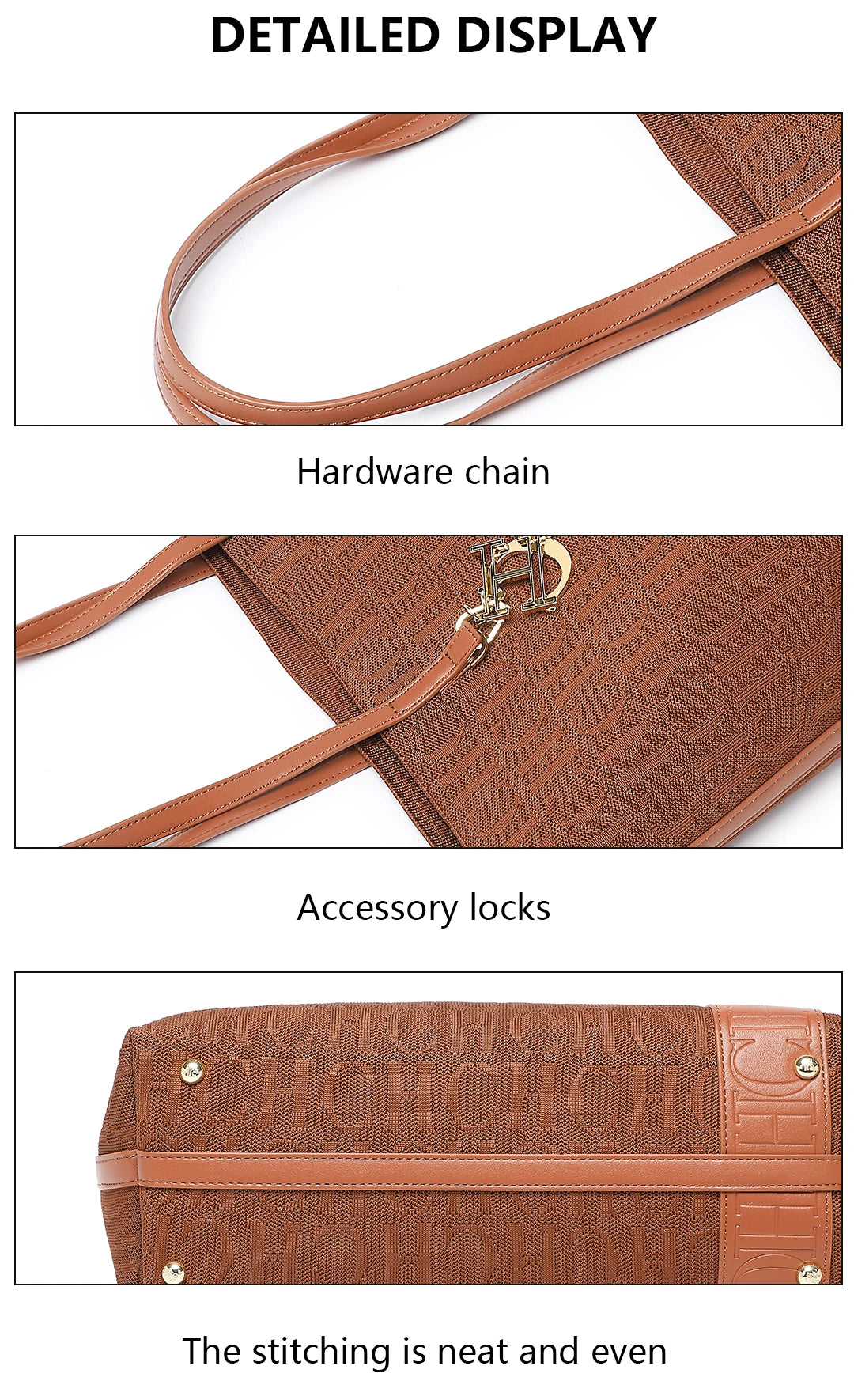 CH Fashion Women's Large Capacity Tote Bag Monogram Embossed Handbag with Metal Daily Commute Work Shoulder Bag