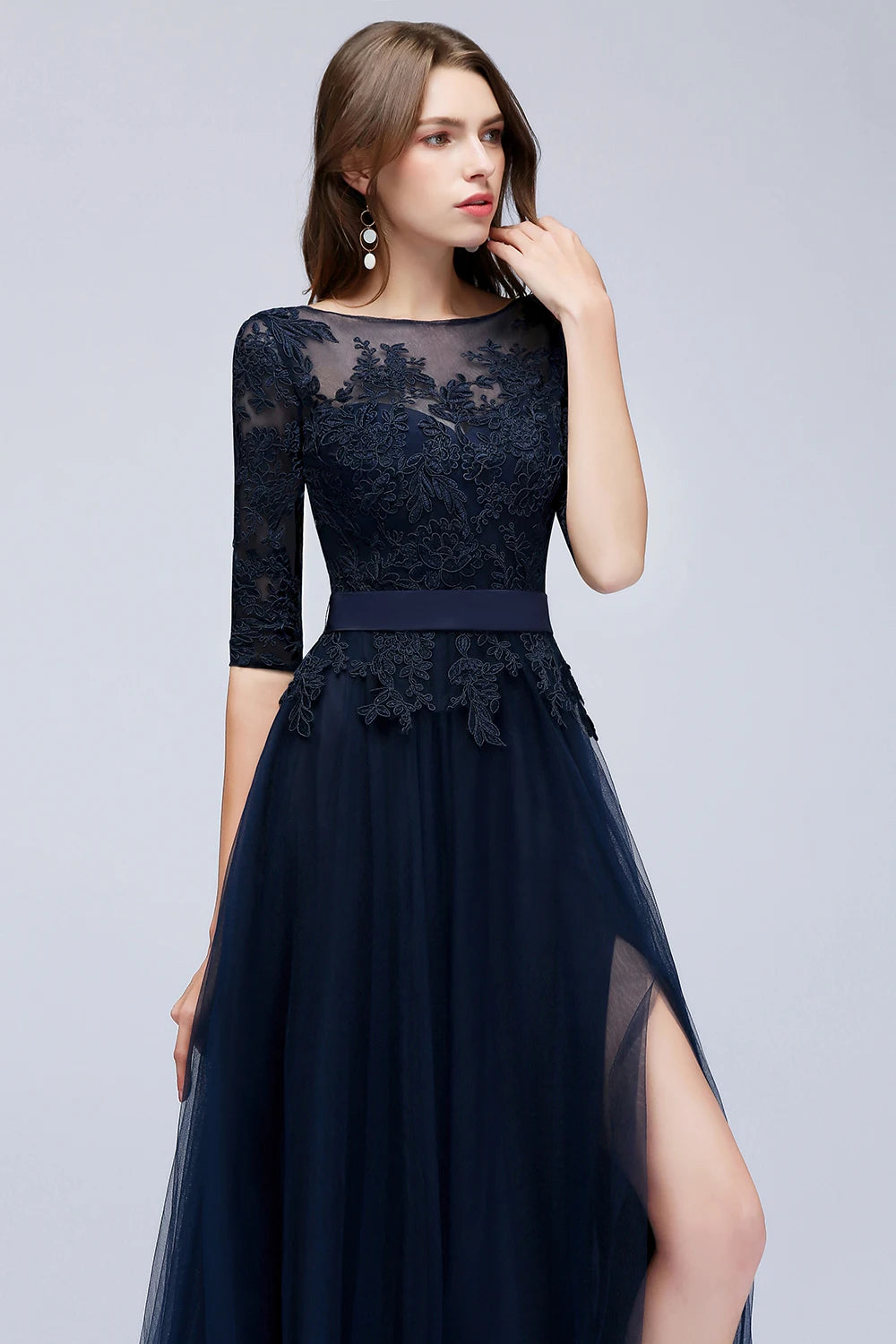 Navy Blue Lace Long Evening Dresses Elegant Half Sleeve Appliques Tulle Formal Party Prom Gown Backless With Belt Robe De Soiree