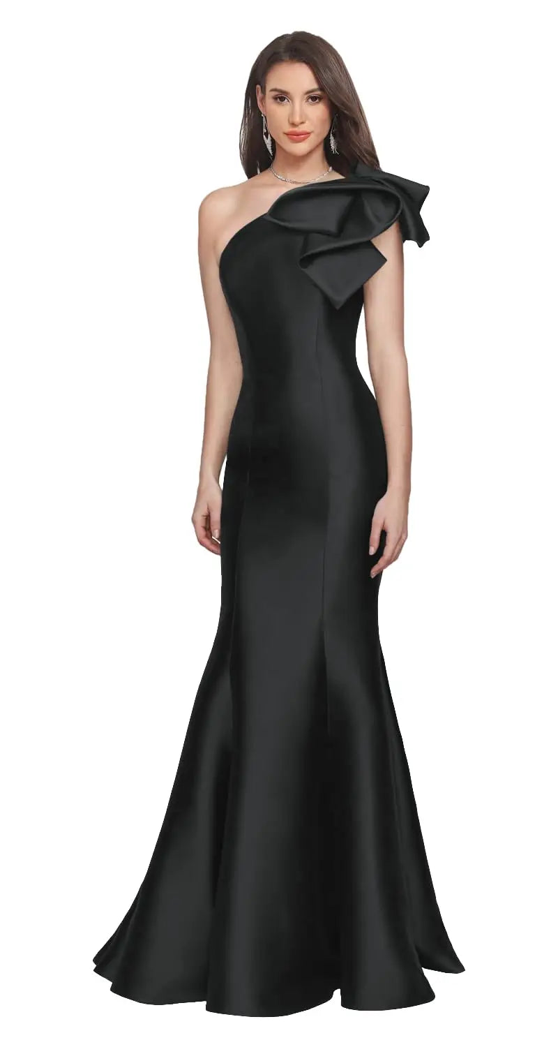 One Shoulder Prom Dresses Satin Mermaid Long Gowns With Bow