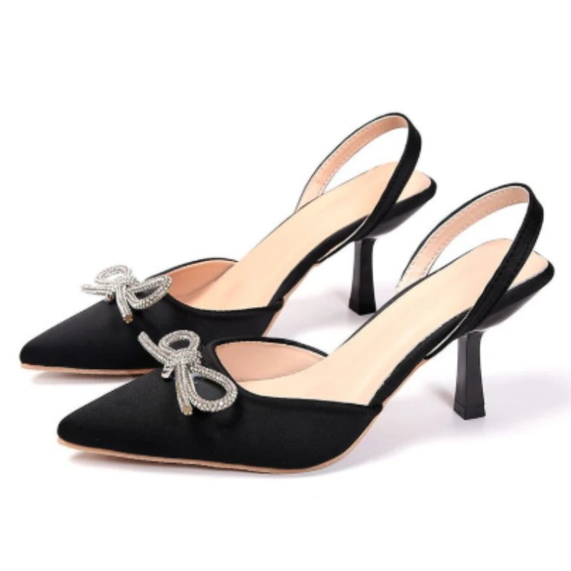 Plus-size pointed-toe high-heeled sandals - 2025 summer new style, high-quality, niche women's shoes, bow tie thin heel sandals