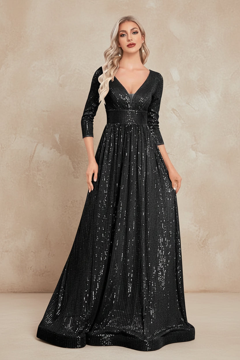 Luxury V Neck Long Sleeves Blue Sequins Formal Evening Dress Women 2024 Wedding Party Prom Maxi Cocktail Dress Gowns