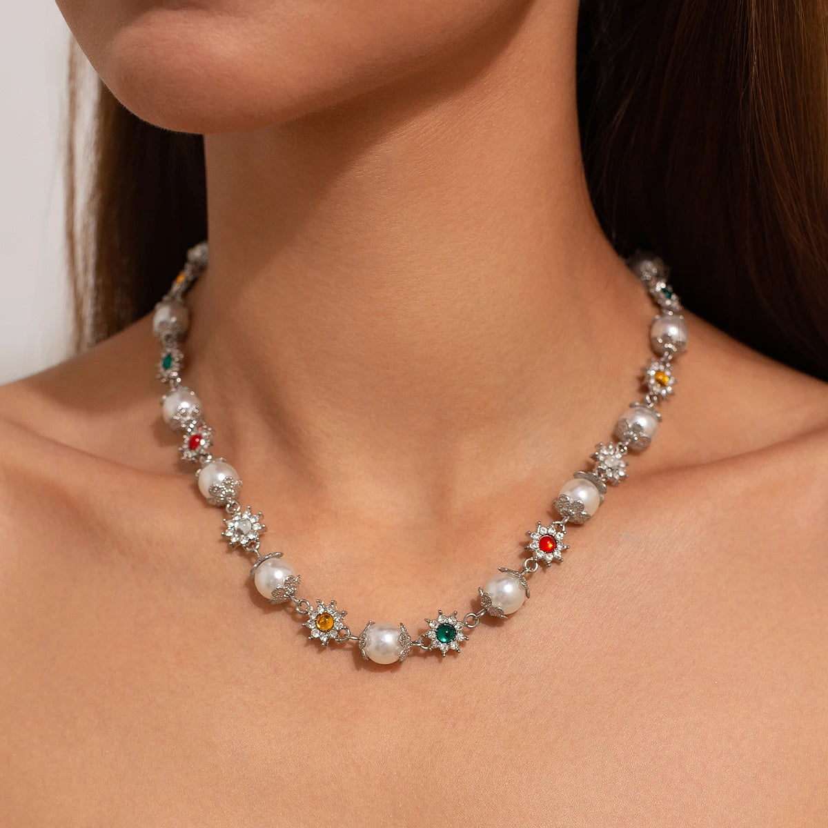 Salircon Luxury Rhinestone Flowers Beads Choker Necklace for Women Elegant Imitation Pearl Clavicle Chain Wedding Party Jewelry