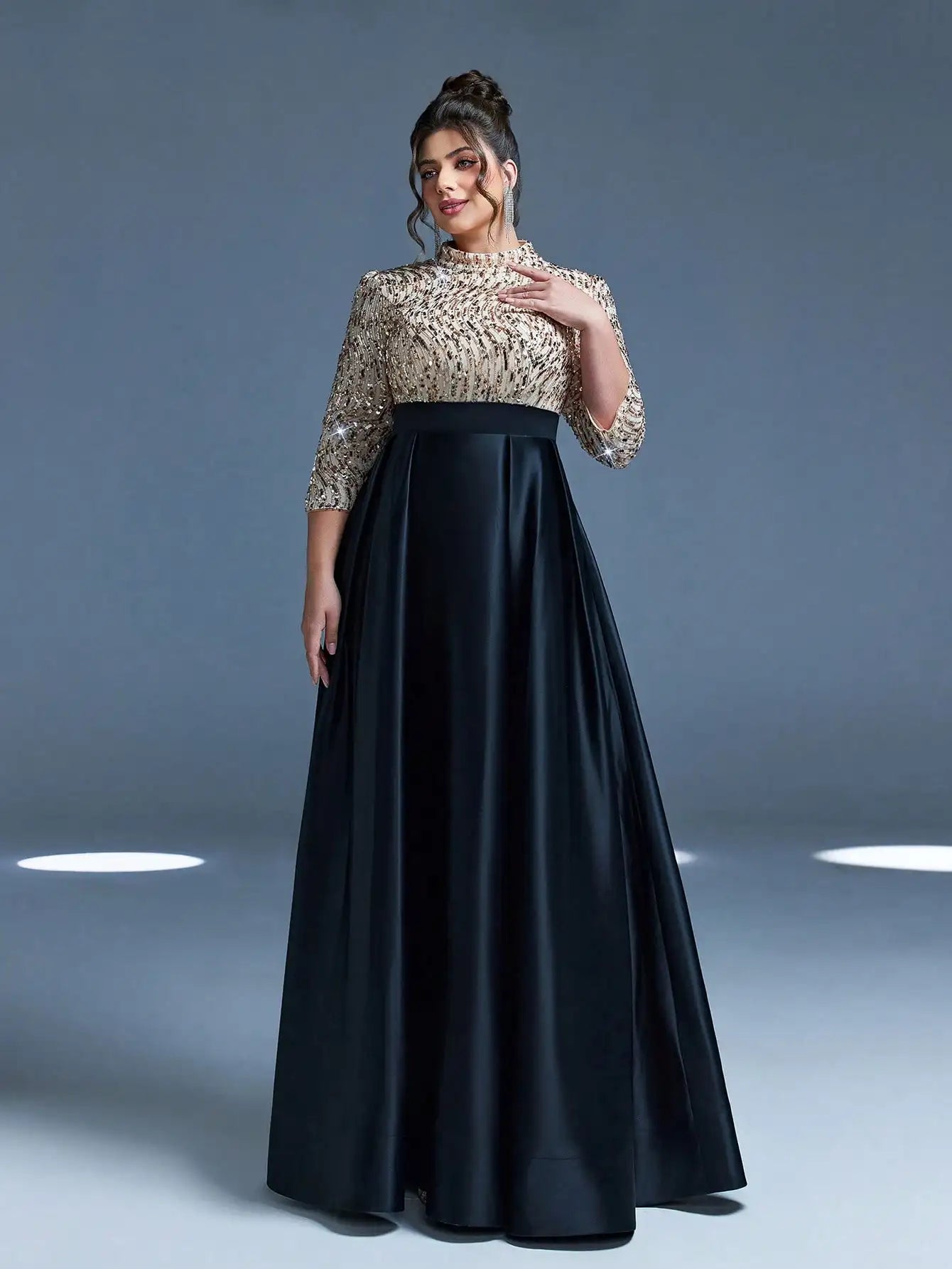 Mgiacy,New Arrival,High neck,Sequin,Elegant,Large size Evening gown dress,Bow,Nine-quarter sleeve,Satin,A-line dress,FOR,Dinner