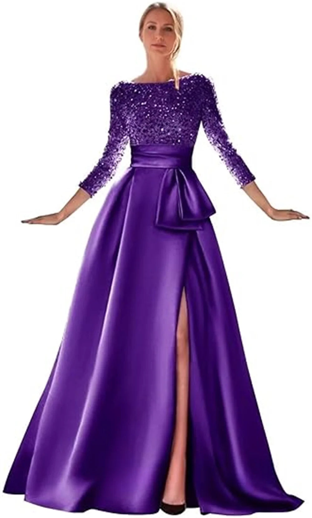 Long Sleeves Mother Of The Bride Dresses For Wedding Sparkly Sequin Ball Gowns Side Slit Satin Formal Party Prom Gown