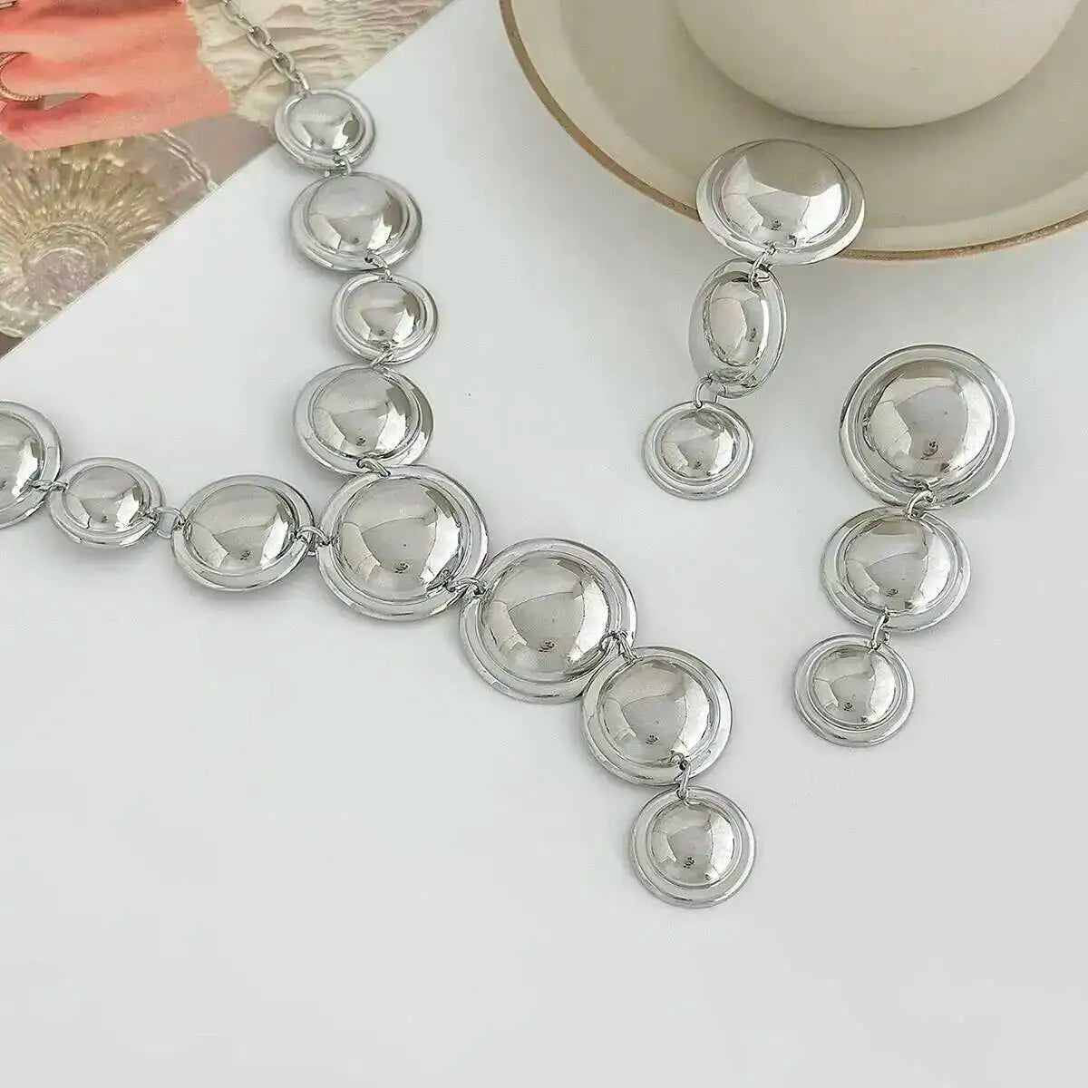 KunJoe Luxury Glossy Round Pendant Necklace Drop Earrings Jewelry Set for Women Elegant Sexy Y-Shaped Long Chain Necklace Gifts