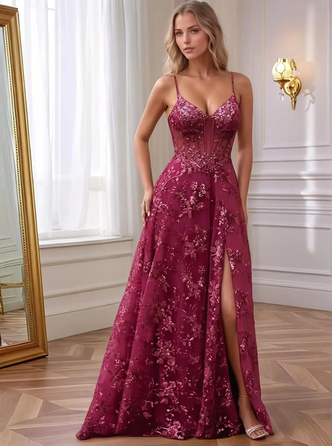 Spaghetti Strap Tulle Appliques Prom Dresses with Slit V Neck Sequin Evening Gown Women Formal Pageant Dress Long Party Dresses