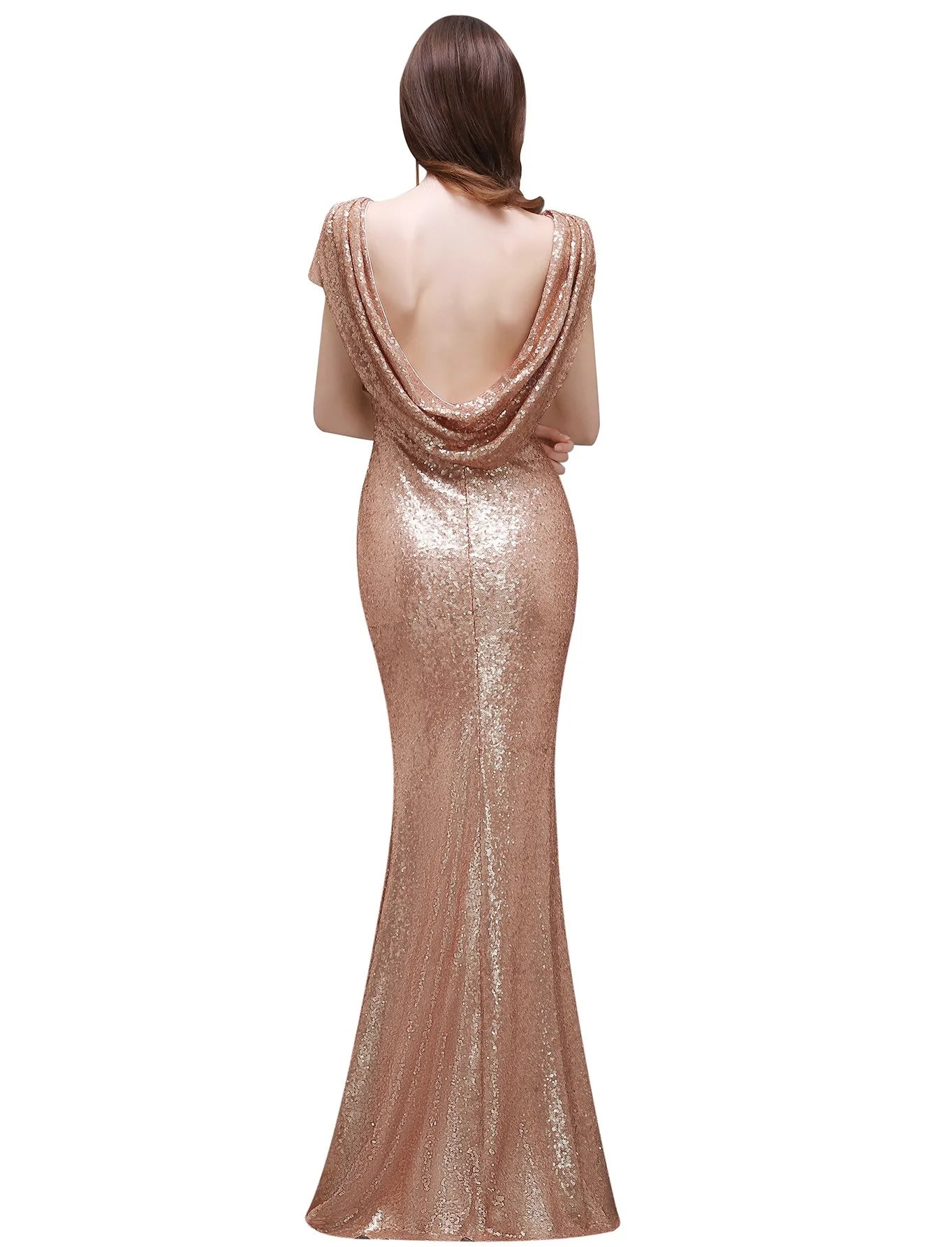 Women Bridesmaid Dresses Formal Wedding Party Guest Gown Mermaid  Sequins Short Sleeves O Neck Backless Rose Gold Champagne