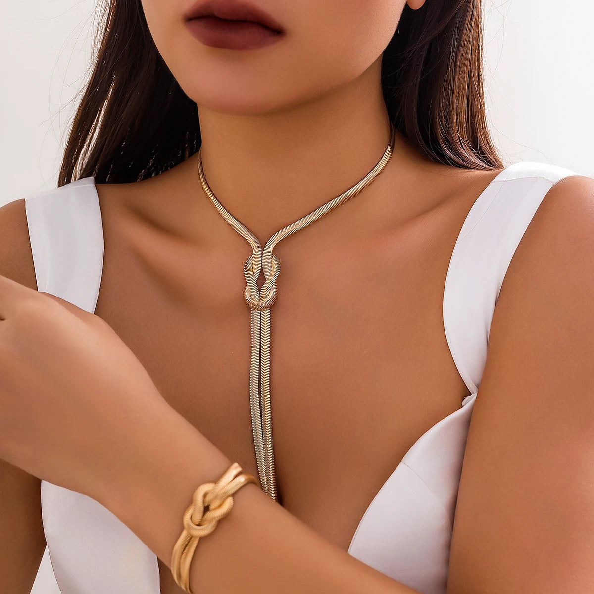 Salircon Gothic Punk Metal Flat Snake Chain Chest Necklace Women's Sexy Tie Long Tassel Necklace Aesthetics Party Set Jewelry