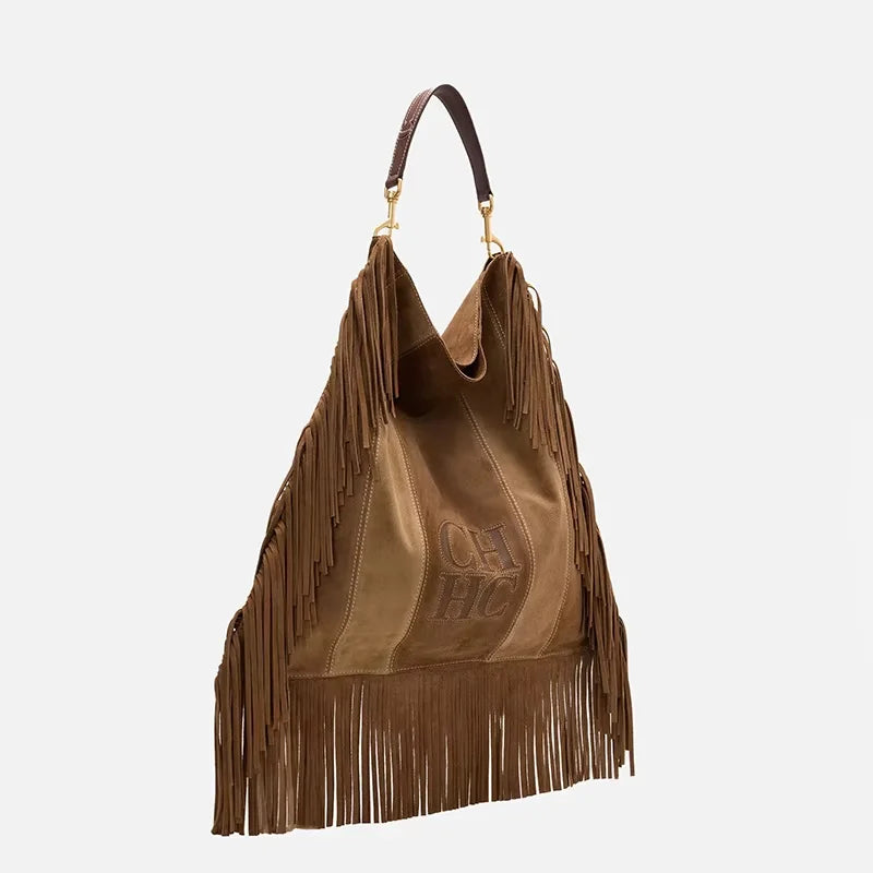 CH Leather Suede Fringe Hobo Bag Brown Large Capacity Tassel Shoulder Bag Retro Western Style Casual Handbag For Women Daily