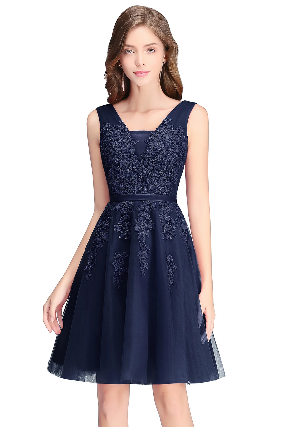 BABYONLINE Burgundy Bridesmaid Dresses with Lace Appliqué, V-Back & Flowy Tulle Skirt for Weddings,Elegant Short Party Dress