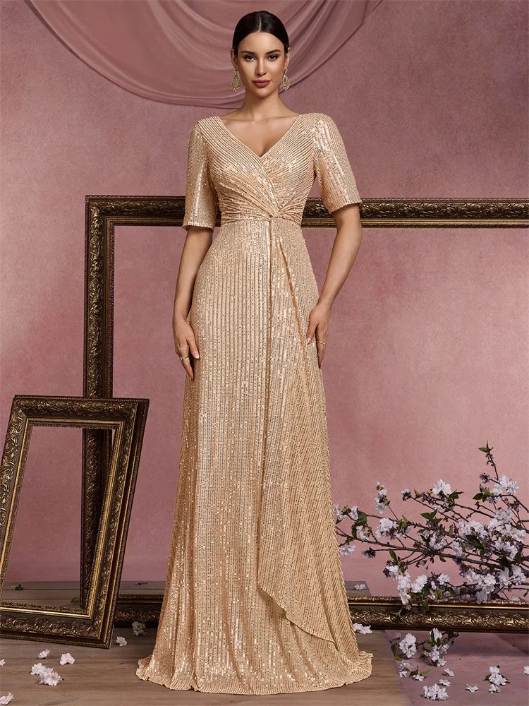 Luxury Floor Length V-Neck Evening Dresses Women Elegant Party Maxi Prom Sequins Short Sleeves Prom Cocktail Gowns