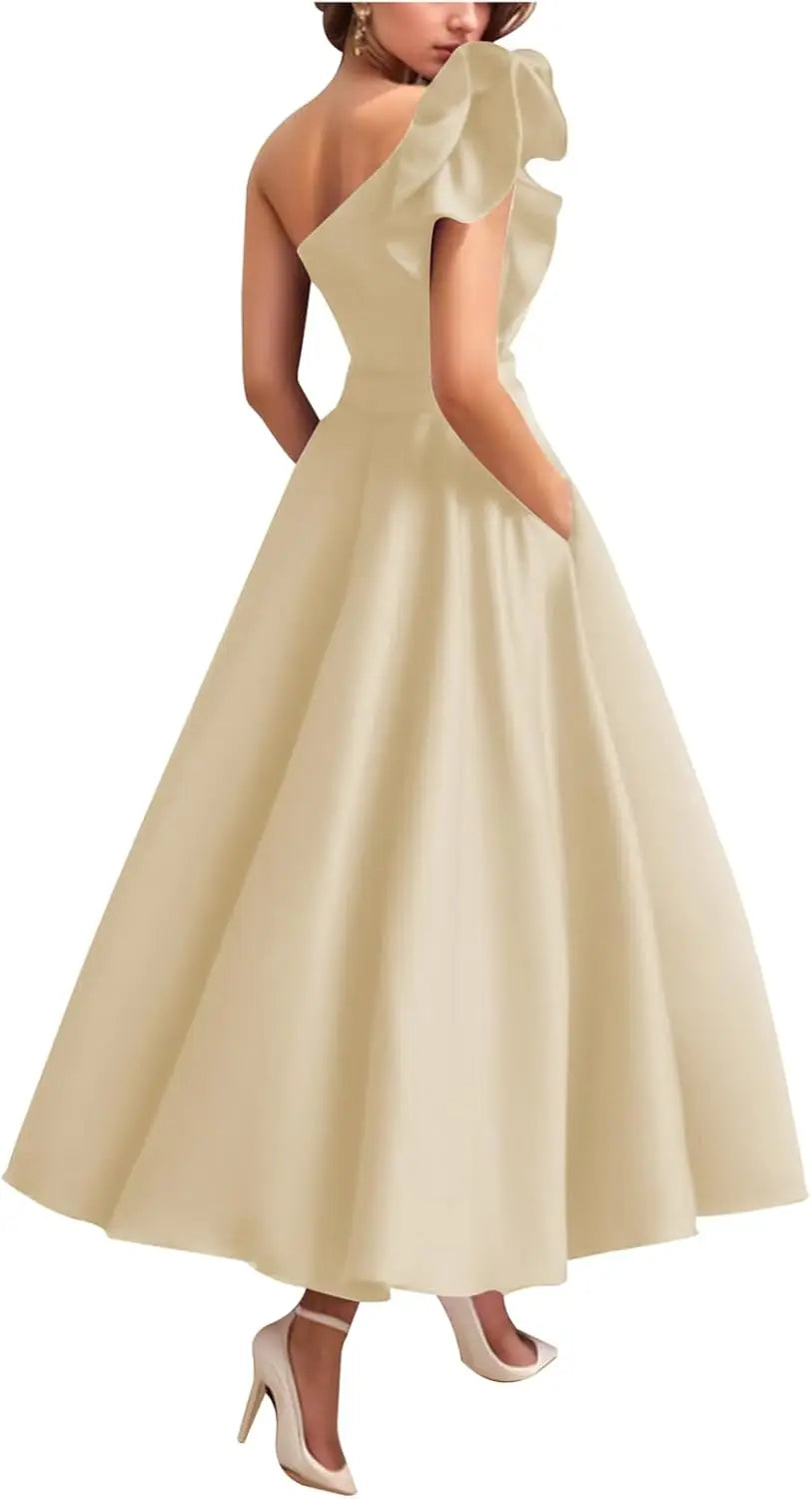 Women's One Shoulder Elegant Evening Dress with Pockets Satin Tea Length A Line Formal Wedding Guest Dress Prom Dresses