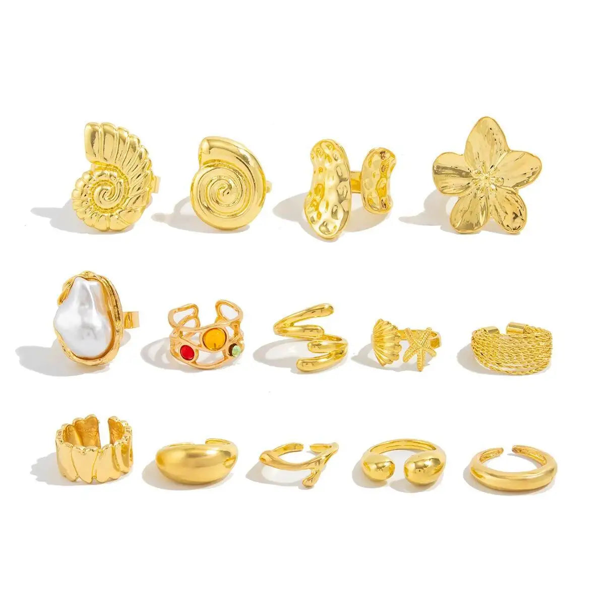 Salircon 14 Pcs/Set Hip Hop Creative Flower Conch Rings for Women Men Punk Gold Color Imitation Pearl Knuckle Joint Ring Jewelry