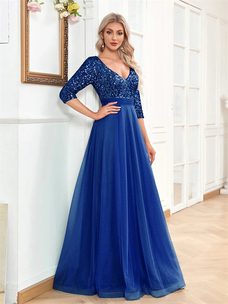 Luxury Floor Length V-Neck Tulle Evening Dress