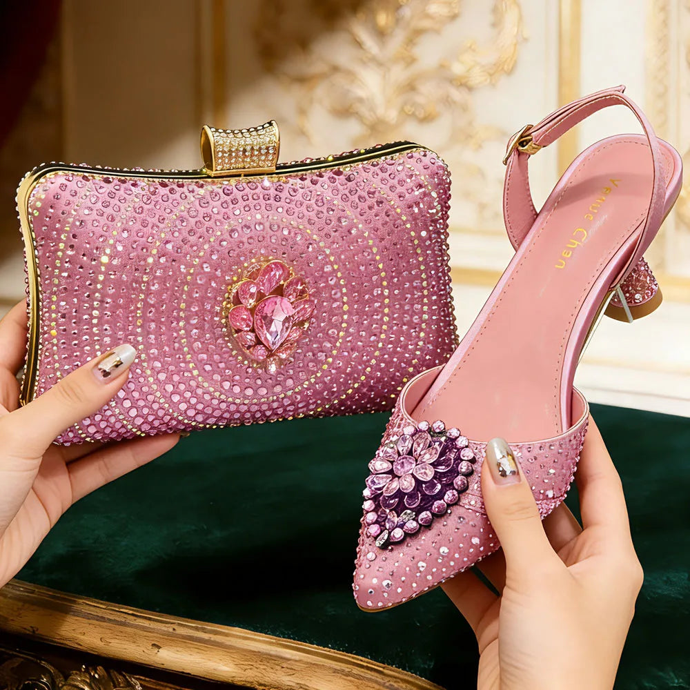 Venus Chan Blue Color Rhinestone Comfortable high heel shoe And Bag Fashion Style Pointed-Toe Shoes For Women Or Commuting Shoes