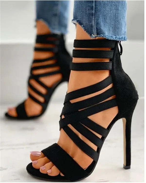 Summer women's fashion bandage back zipper sandals 2025 sexy pointed toe versatile solid color banquet party stilettos large 43