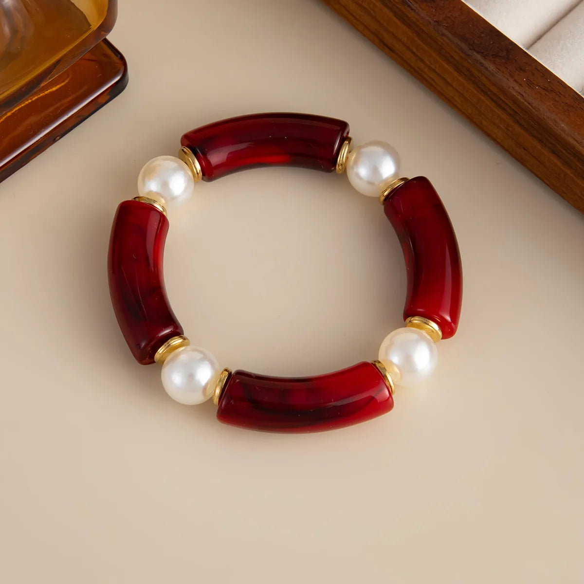 Salircon 6 Style Vintage Red Resin Acrylic Bracelets for Women Punk Splice Metal Tube Beaded Handmade Bangles Aesthetics Jewelry