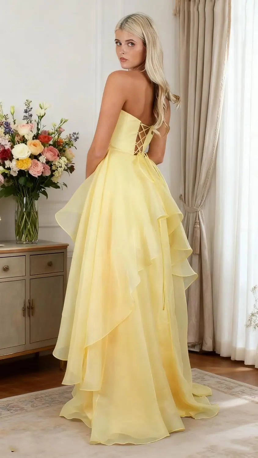 Strapless Tiered Prom Dresses Long Ruffle Tulle A Line Evening Ball Gown Dresses with Slit