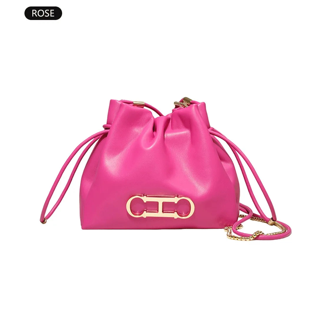Elegant Drawstring Bucket Bag 2026 Shoulder Handbag with Gold CH Logo Versatile Chain Strap Crossbody Purse for Ladies