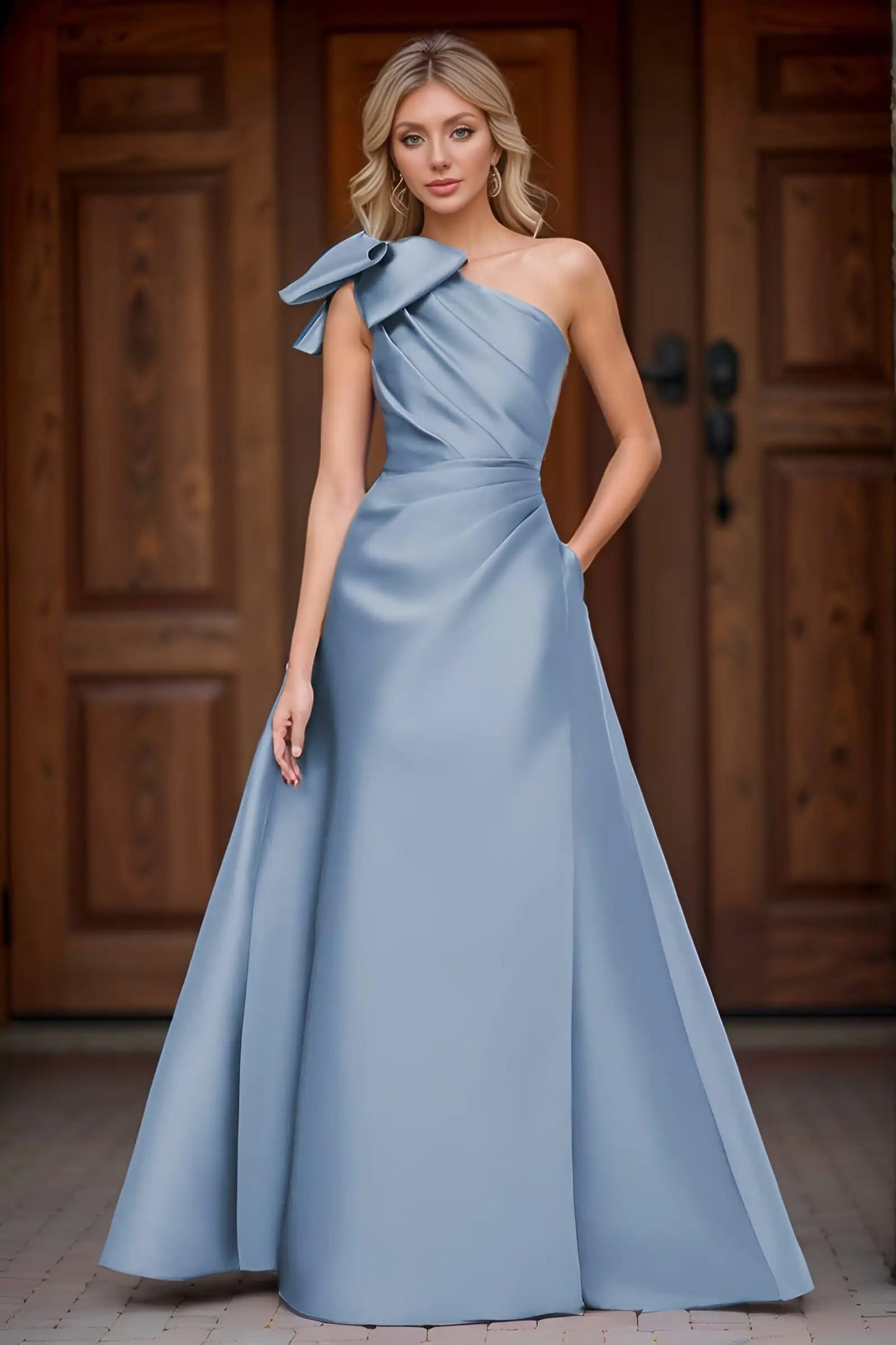 Women’s One Shoulder Prom Dresses Satin Mother of The Bride Dresses A Line Modest Formal Evening Gown with Bow