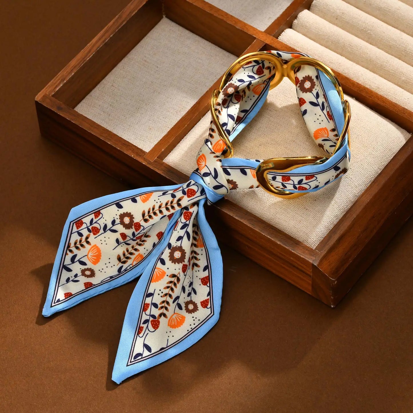 Luxury Simulated Silk Printed Silk Scarf Cuff Bracelet for Women,Stainless Steel Hollow Open Cuff Bracelets,Vintage Jewelry Gift