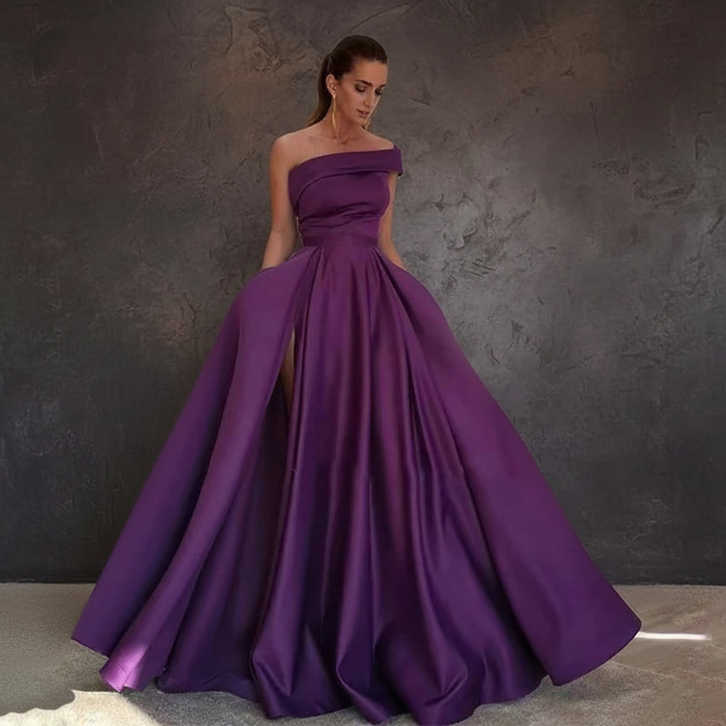 Women’s Elegant One Shoulder Satin Evening Dress Solid High Split A Line Cocktail Party Prom Gown Formal Maxi Dresses Vestidos