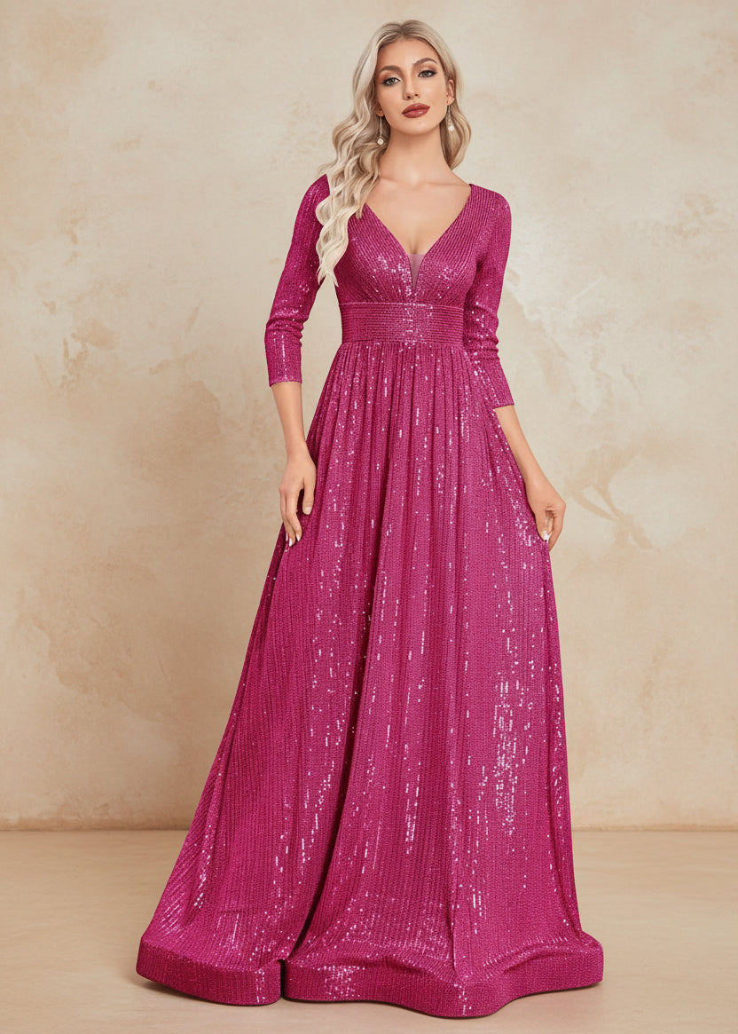 Luxury V Neck Long Sleeves Blue Sequins Formal Evening Dress Women 2024 Wedding Party Prom Maxi Cocktail Dress Gowns