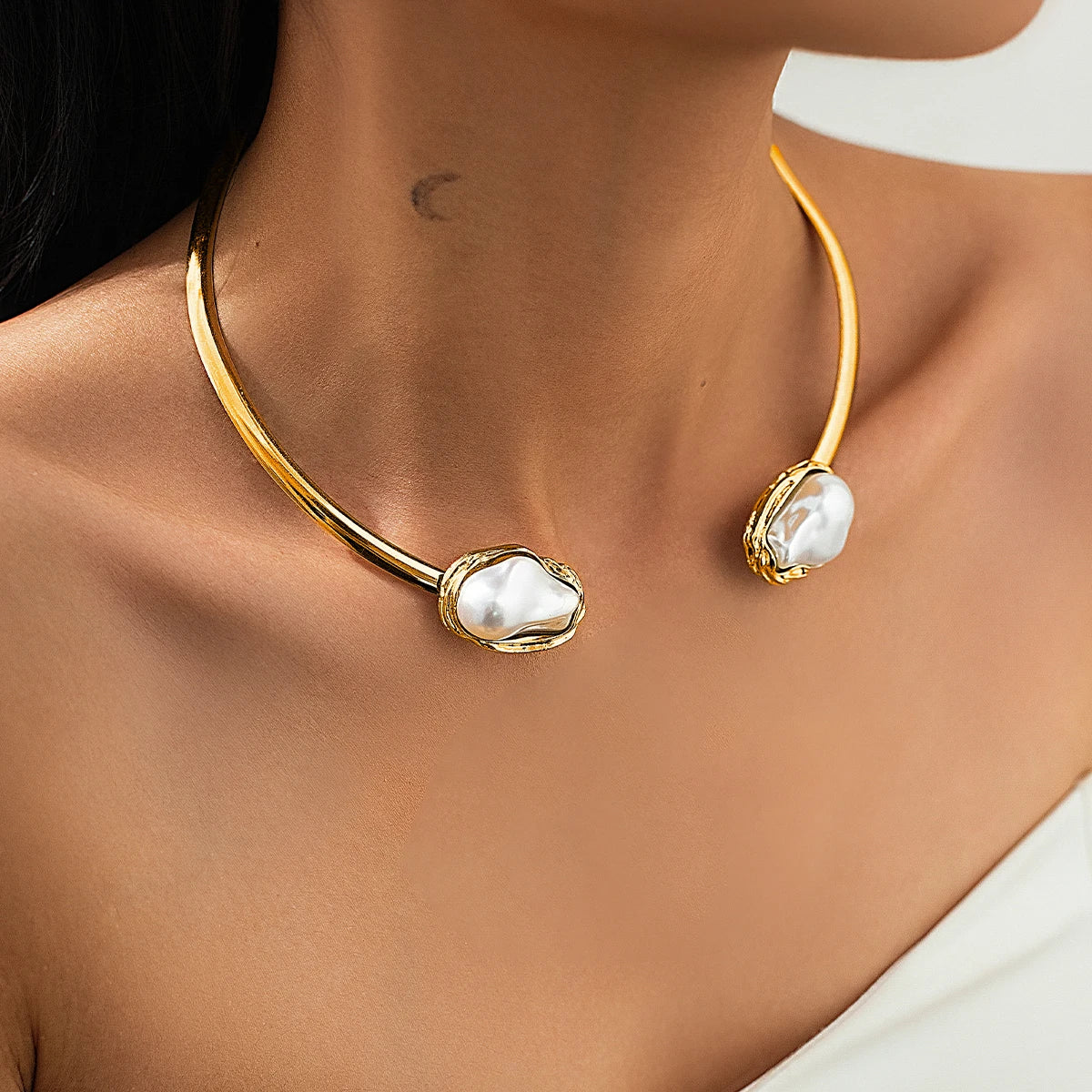 Salircon Elegant Luxury Imitation Pearl Collar Necklace Bangles Ring for Women Trend Opening Choker Bride Wedding Jewelry Set