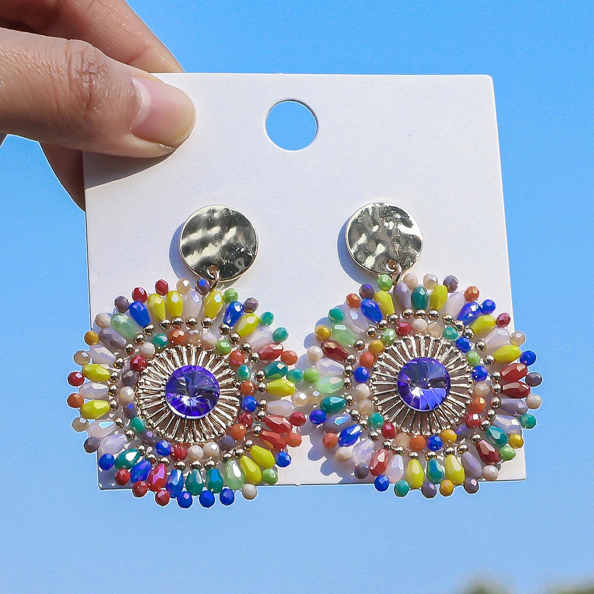 Bohemian Handmade Colorful Crystal Beads Flower Earrings for Women Trendy Ethnic Rhinestone Drop Earrings Summer Party Jewelry
