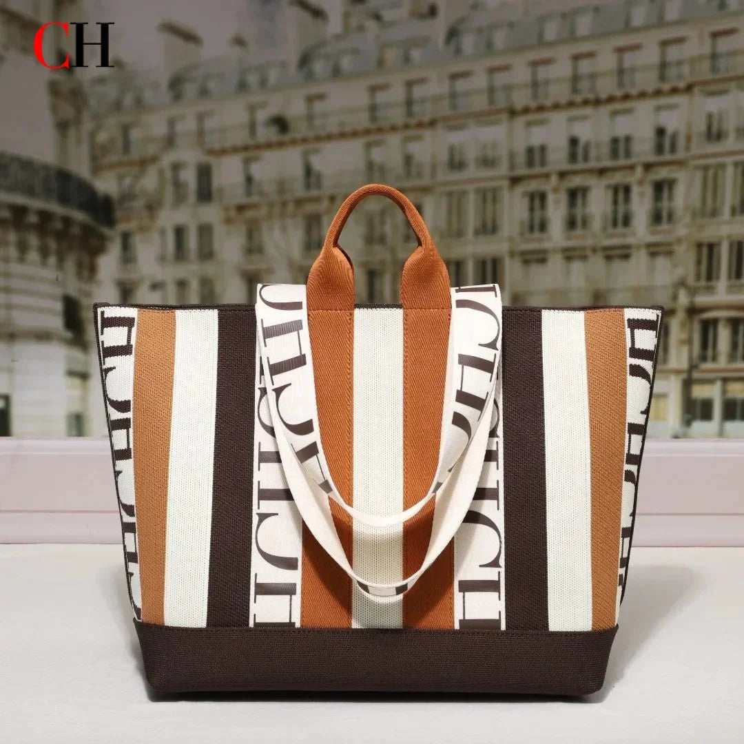 CH Classic Ladies Crossbody Bag Large Capacity Commuter Style Ladies Tote Bag Simple Stripe Design Ladies Shoulder Bag Letters