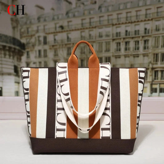 CH Classic Ladies Crossbody Bag Large Capacity Commuter Style Ladies Tote Bag Simple Stripe Design Ladies Shoulder Bag Letters