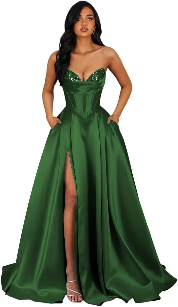 Strapless Sequin Prom Dresses Long with Slit Satin Formal Party Dress