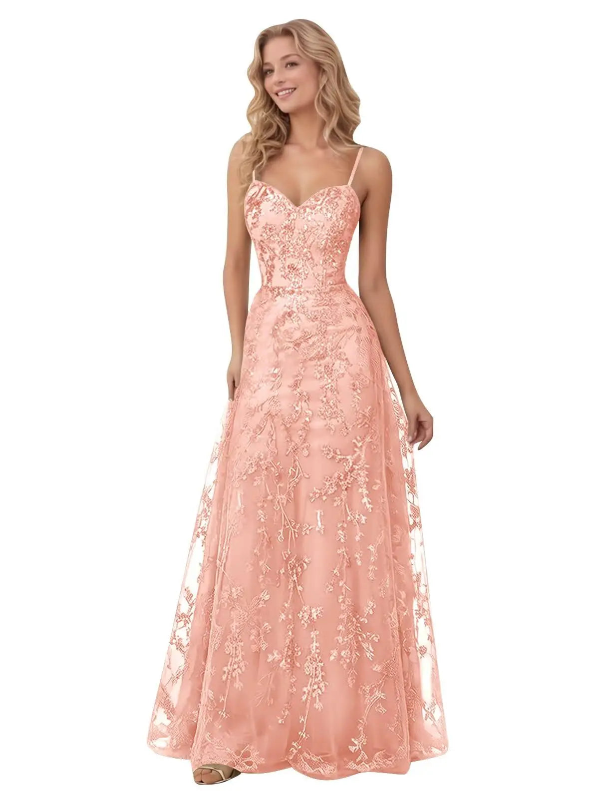 Tulle Formal Dress Laces Spaghetti Strap Sparkly Prom Dress for Women Long Evening Party Gown Formal Dress Women Elegant
