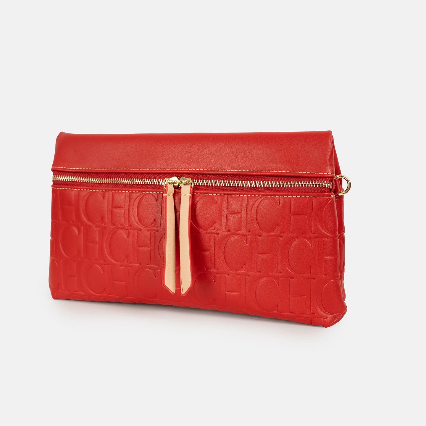 CH Vintage Red PU Leather Crossbody Bag Embossed CH Letter Double Zipper Shoulder Handbag For Retro Outfits