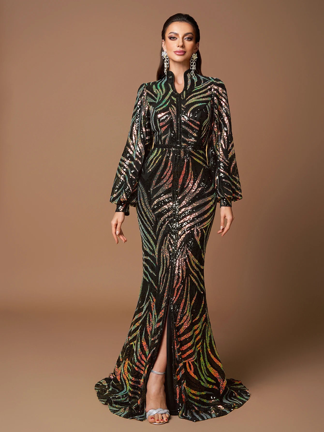 UNITHORSE Elegant Long-Sleeve Beaded Slit Evening Gown Random Cut Maxi Dress for Formal Occasions
