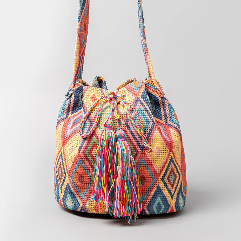 Boho style embroidered bucket bag