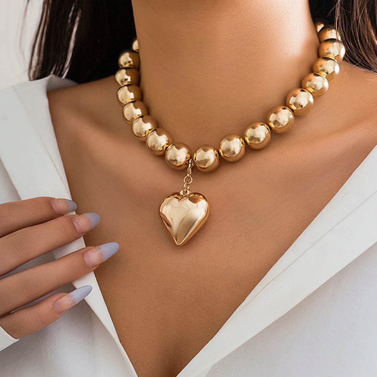 Salircon Big CCB Ball Beaded Chain Heart Shape Pendant Necklace for Women Gold Color Trendy Clavicle Choker Necklace  Jewelry