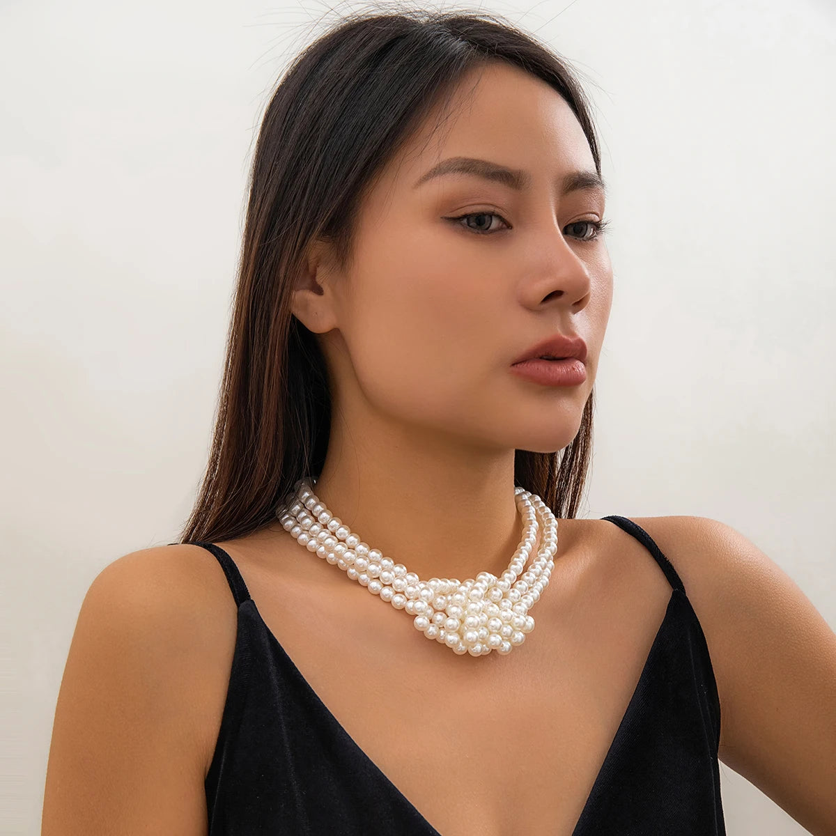 Salircon Gothic Multi-layer Imitation Pearl Chain Necklace Punk Knot Bead Chain Choker Necklace Women's Banquet Party Jewelry