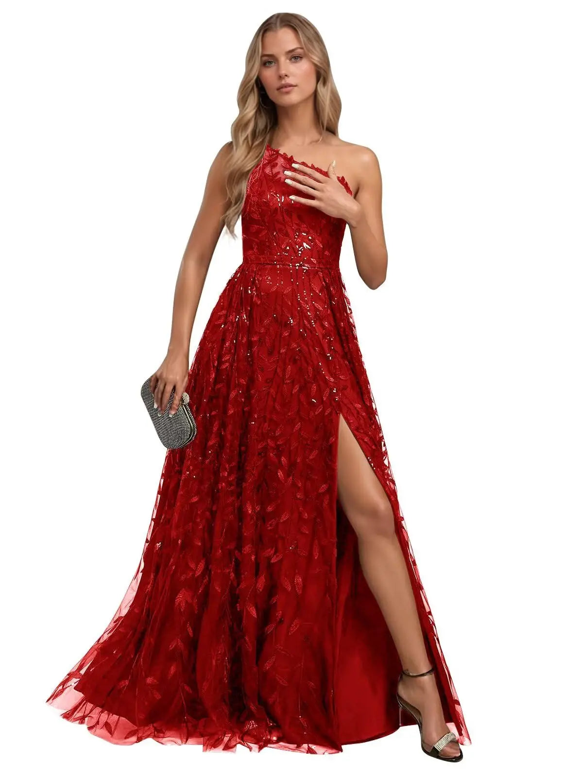 Lace Embroidered sequins Prom Dresses for Women One Shoulder Formal Party Dress Sleeveless Maxi Evening Gown with Slit