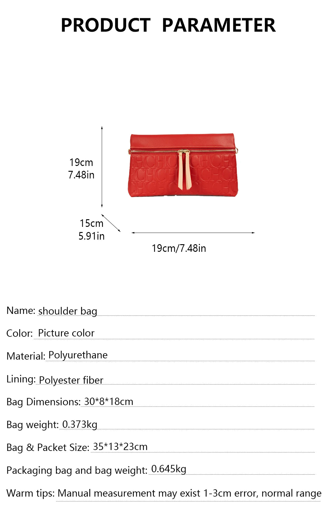 CH Vintage Red PU Leather Crossbody Bag Embossed CH Letter Double Zipper Shoulder Handbag For Retro Outfits