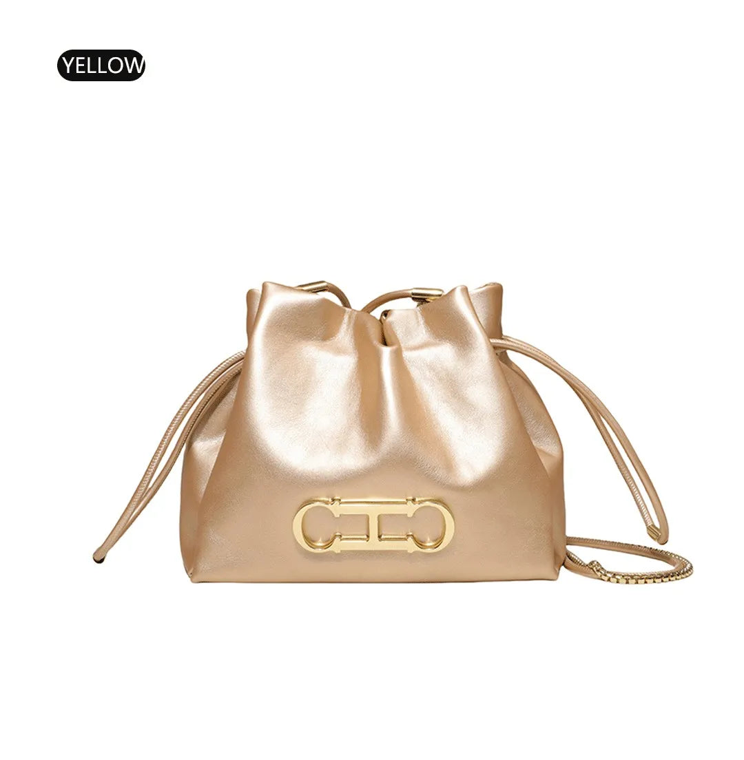 Elegant Drawstring Bucket Bag 2026 Shoulder Handbag with Gold CH Logo Versatile Chain Strap Crossbody Purse for Ladies