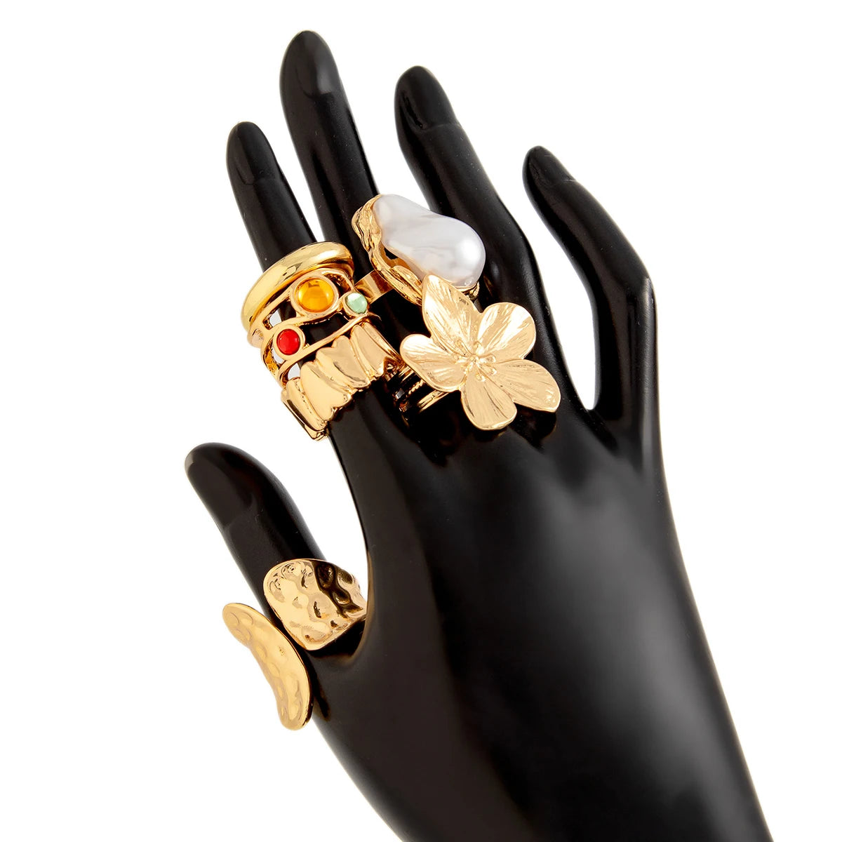 KunJoe 6 Pcs Elegant Crystal Imitation Pearl Open Rings Set for Women Smooth Metal Gold Color Flower Chunky Ring Jewelry Gift