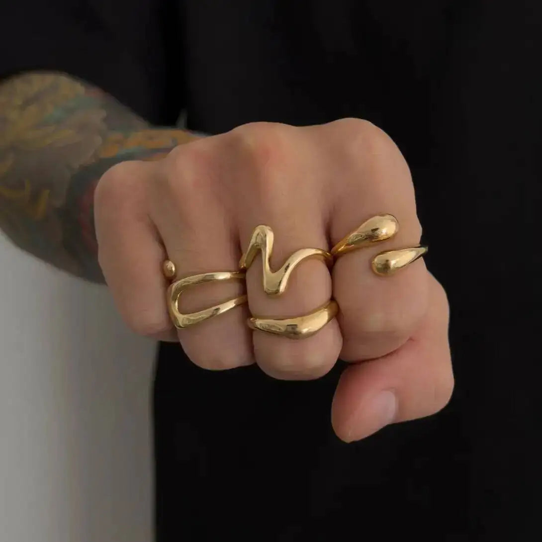Salircon 4Pcs/Set Fashion Metal Irregular Geometric Open Finger Rings Women Punk Adjustable Gold Color Ring Couple Jewelry Gifts