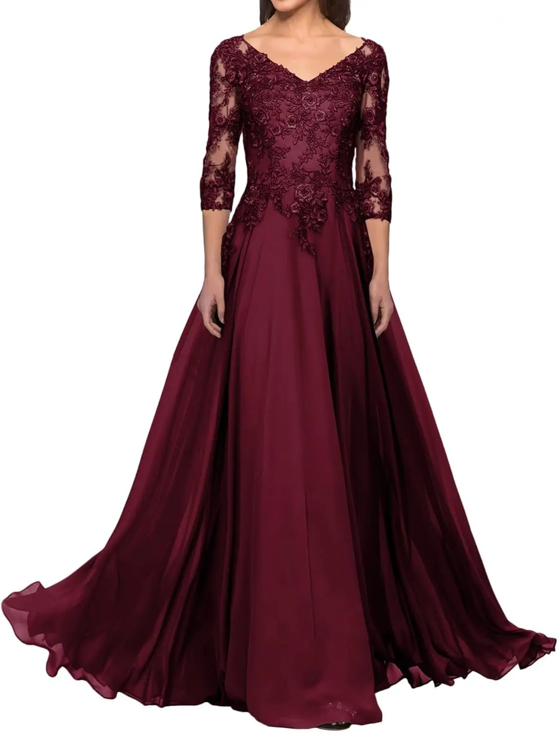 Elegant V Neck Lace Applique 3/4 Sleeve Mother of The Bride Dresses Chiffon A-Line Formal Evening Party Gowns