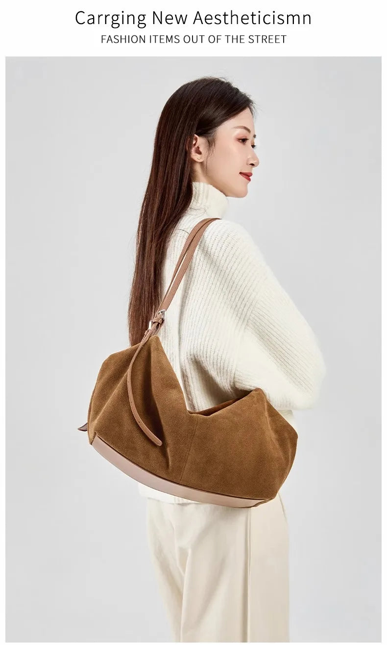 Women's Natural Nuede Genuine Leather Handbags Ladies large capacity Tote Bag Female Design Luxury Commuting Yoga Bag  hobo bag
