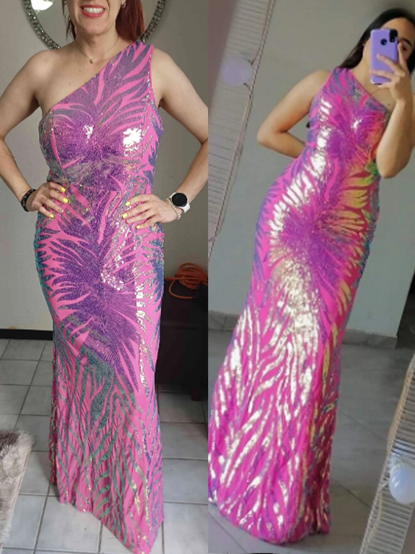 One Shoulder Sleeveless Stretchy Sequined Maxi Dress Evening Prom Night Gown Spring Summer Navy Green
