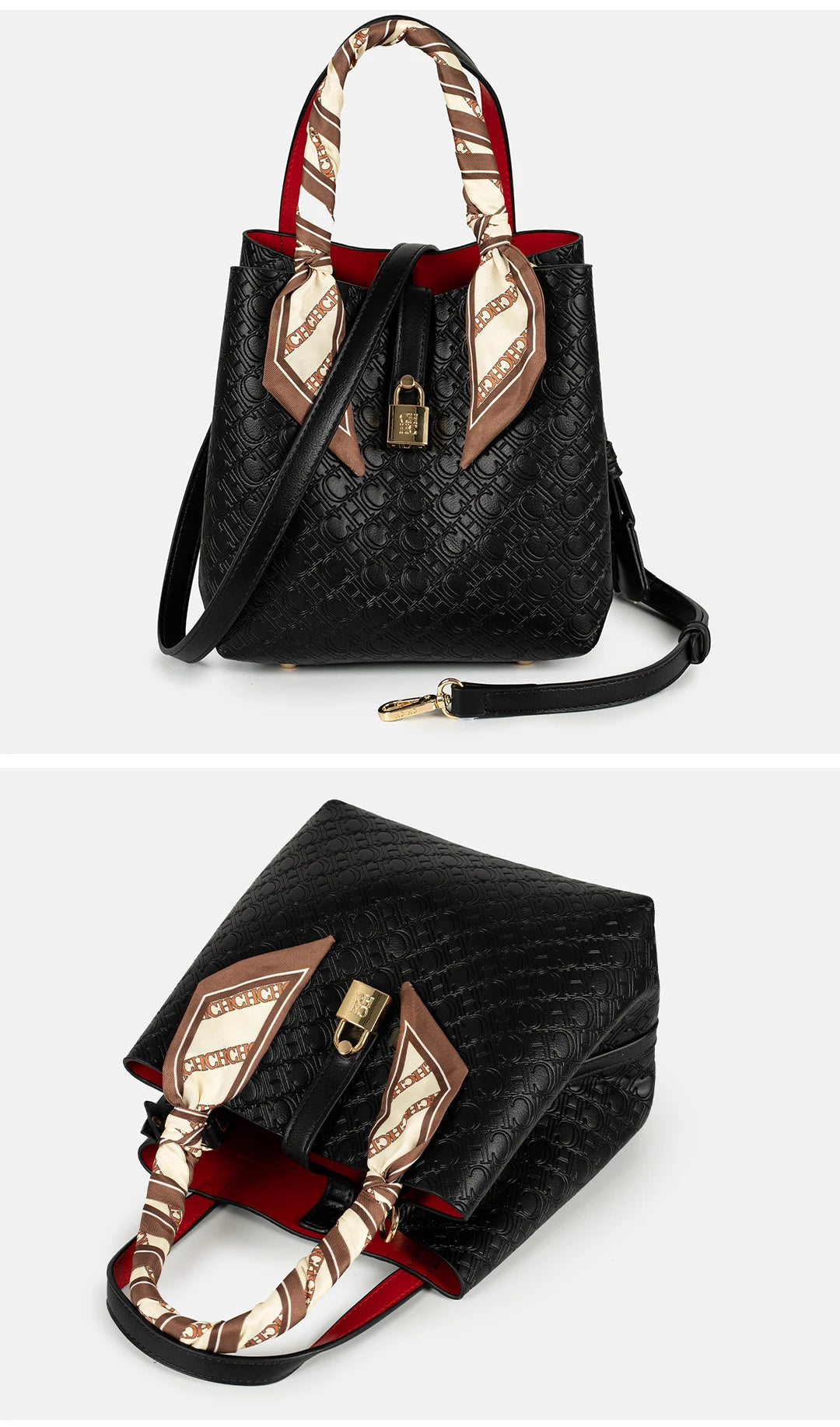 CH Womens Embossed Leather Bucket Bag with Silk Scarf Lock Decor Luxury Designer Handbag Large Capacity Crossbody Tote