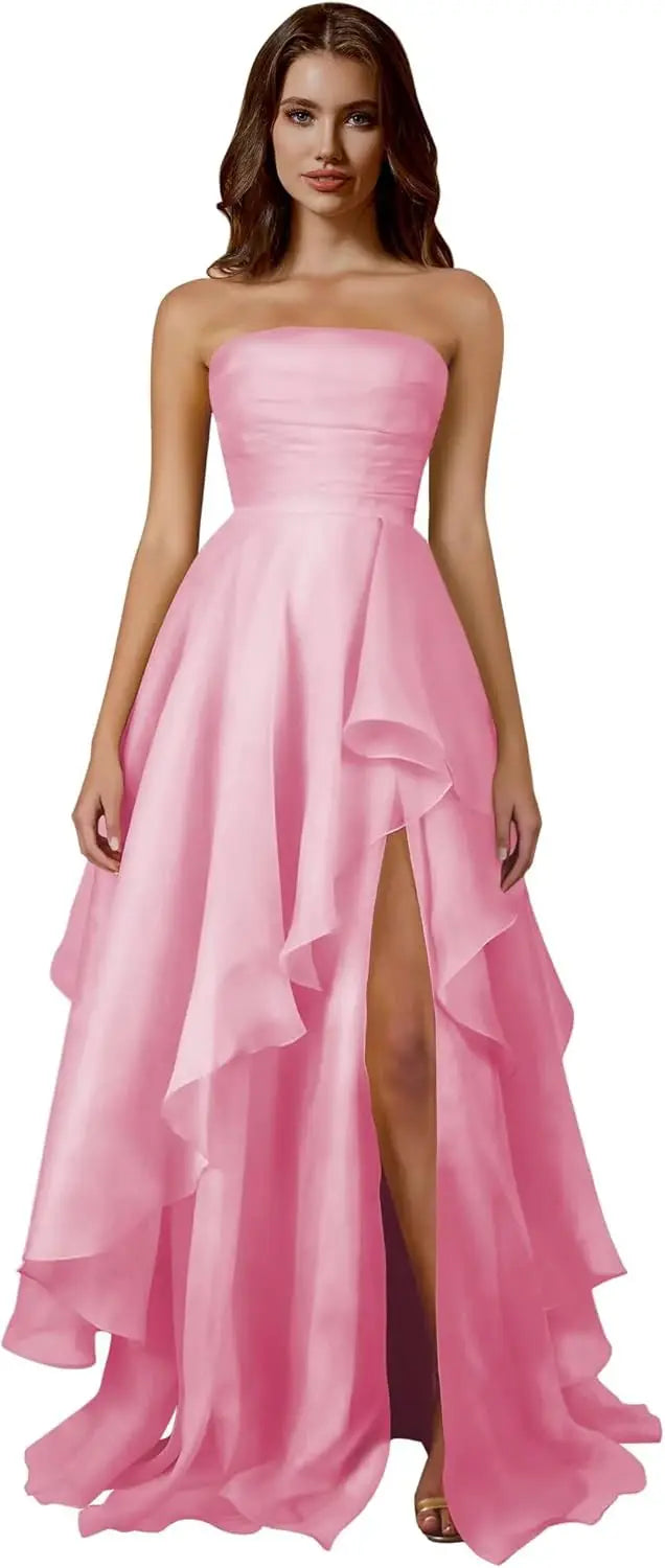 Strapless Tiered Prom Dresses Long Ruffle Tulle A Line Evening Ball Gown Dresses with Slit
