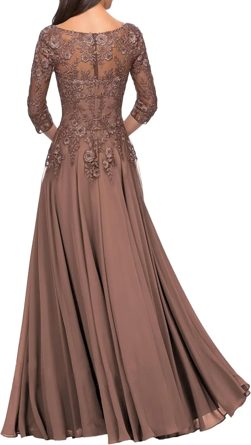 Elegant V Neck Lace Applique 3/4 Sleeve Mother of The Bride Dresses Chiffon A-Line Formal Evening Party Gowns