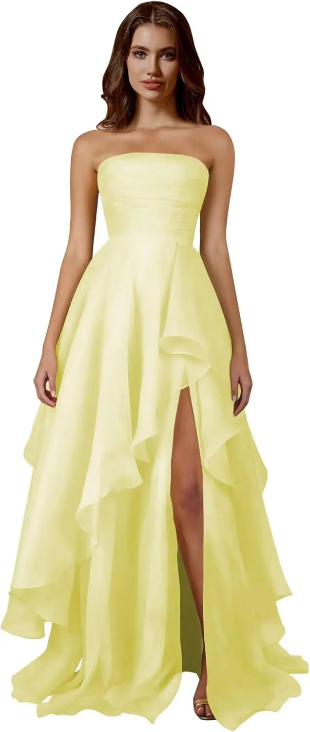 Strapless Tiered Prom Dresses Long Ruffle Tulle A Line Evening Ball Gown Dresses with Slit